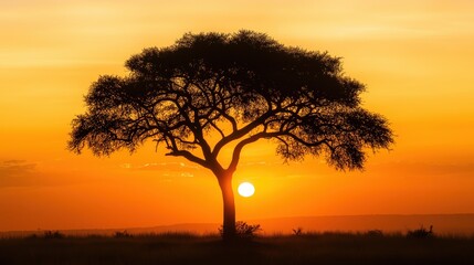 Fototapeta premium A silhouetted acacia tree against a vibrant sunrise Or sunset orange and gold sky, with a slightly hazy, warm tone; the tree's canopy,