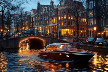 Naklejka premium Luxury Motorboat on Canal at Twilight
