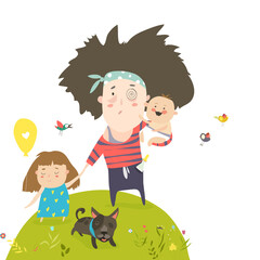 Tired mother walking with her kids. Vector illustration