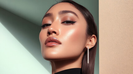 Model showcases makeup artistry in a trendy urban setting with natural light