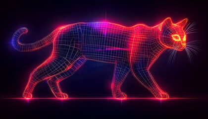 Fototapeta premium Neon wireframe cat walking against a dark background with glowing highlights, showcasing digital art