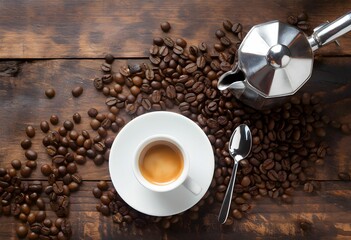 Freshly brewed coffee served in a white cup beside a silver moka pot and scattered coffee beans on a rustic wooden table Generative AI