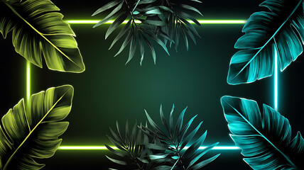 Neon-lit tropical leaves in a frame