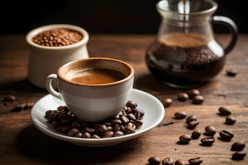 Enjoying a rich cup of freshly brewed coffee beside roasted beans and a brewing pot in a cozy cafe atmosphere during the afternoon Generative AI