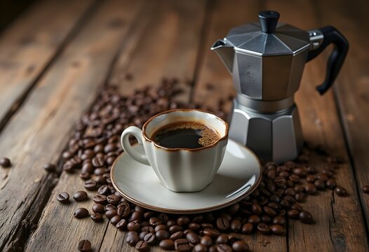 Enjoying freshly brewed coffee from a stovetop espresso maker surrounded by scattered coffee beans on a wooden surface Generative AI