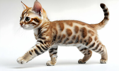 Playful Bengal kitten walking gracefully on a smooth surface, with a soft focus background highlighting its agility
