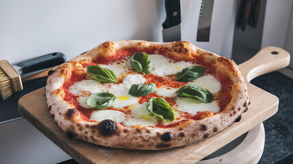 Freshly baked pizza with basil and mozzarella Artisan style delicious food