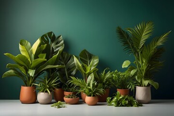 Fototapeta premium Indoor garden arrangement featuring various lush plants in earthen pots against a dark green backdrop during daylight hours for a tranquil atmosphere Generative AI