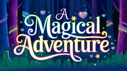 A magical adventure title card whimsical forest setting vibrant colors glowing hearts and stars