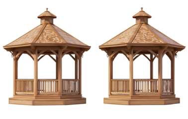 Two wooden gazebos, front view, transparent background
