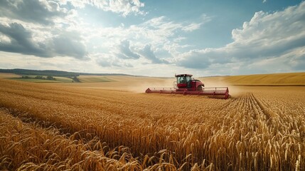 Fototapeta premium Harvest season landscape featuring combine harvester in golden wheat field