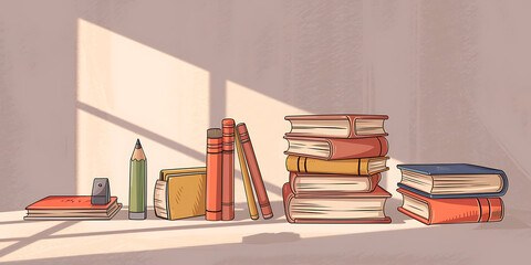 Stacked books and stationery sunlit study scene