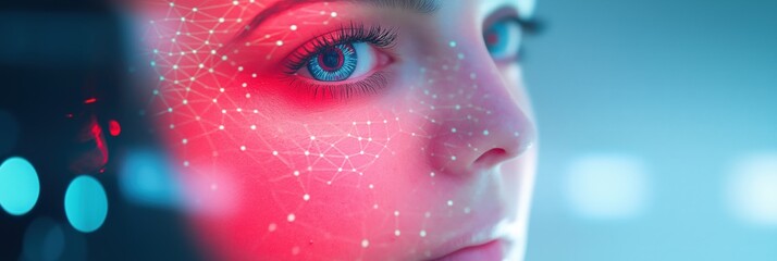 a close-up shot of a person's face overlaid with digital facial recognition technology