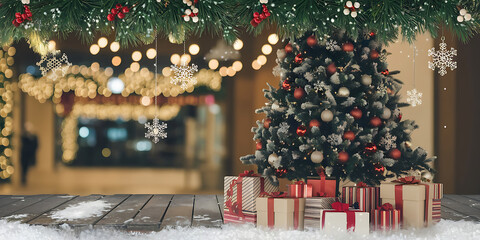 Christmas tree with presents on a wooden surface festive bokeh background