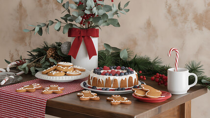 Christmas treats and decorations festive table setting