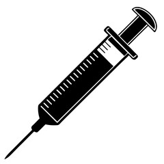 A silhouette of a syringe filled with medicine, poised to be used, outlined in black