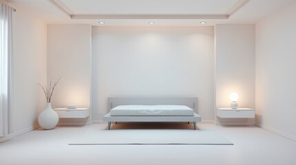Minimalist bedroom interior featuring a bed bedside tables and decor