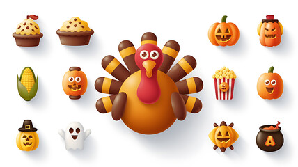 Cute Thanksgiving and Halloween themed icons Cartoonish 3D style Perfect for print or web