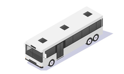 White city bus in isometric style with black windows and roof details on a white background. Concept of public transportation and urban mobility. Vector illustration