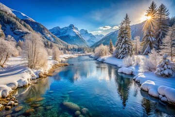 Serene Winter Wonderland: Snowy Mountains, Tranquil River, Clear Blue Sky - Stock Photo
