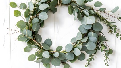 Stylish Botanical Wreath Made of Eucalyptus Leaves, Isolated on a White Background, ideal for seasonal and minimalist home decor, Clean and Elegant Seasonal Decor Stock Photo