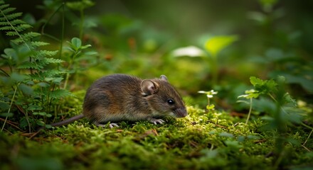 緑豊かな森で遊ぶ小さなネズミ 柔らかな光と緑色のコントラスト