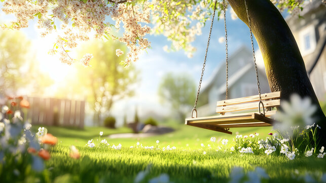 Wooden swing hanging from flowering tree in sunny meadow with soft light and spring flowers