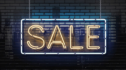 Neon sign advertising a sale mounted on a brick wall with a cityscape backdrop