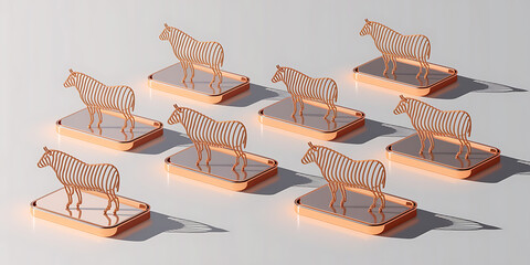 Geometric zebra silhouettes on metallic pedestals