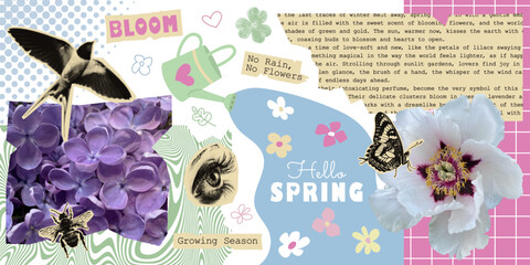 Obraz premium Abstract contemporary spring halftone collage. Retro aesthetic seasonal clipart set with lilac, swallow, flowers, and vintage elements for scrapbooking, posters, stickers, and digital art projects