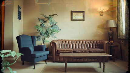 Vintage living room cozy leather couch and armchair Warm muted tones Interior design