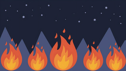 Nighttime campfire scene with stylized flames and mountains