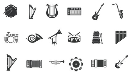 Musical instruments set icons black silhouette outline stock vector illustration.