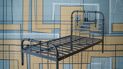 Industrial-style metal bed frame against a patterned wall