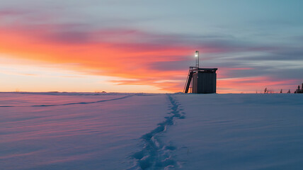 Winter sunrise over snowy landscape wooden structure