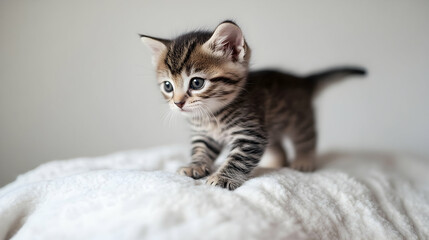 Obraz premium Playful kitten exploring a soft blanket indoors, with a serene background and soft lighting