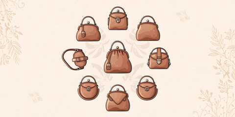 Vintage leather handbags various styles light beige background floral accents