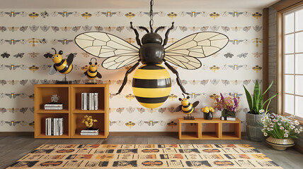 Whimsical children's room decor with large bee pendant light and moth wallpaper