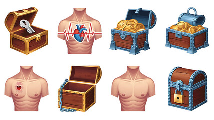 Cartoon chests hearts and torsos Treasure health and loss concepts