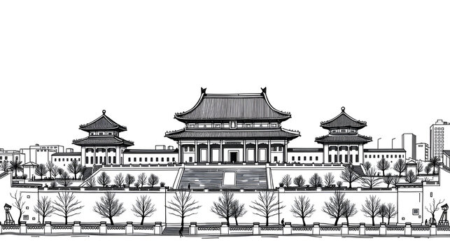 Building view with landmark of Beijing alternatively romanized as Peking is the capital of the Republic of China. Hand drawn sketch illustration in vector.