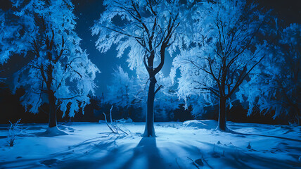Winter wonderland night frosted trees snowy landscape moonlight