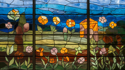 Stained glass window floral and landscape design vibrant colors intricate detail