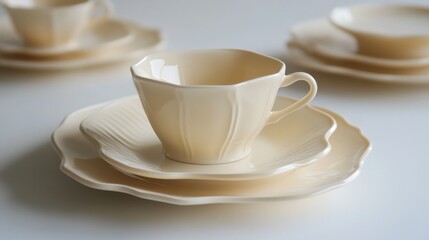 Fototapeta premium Elegant Cream Colored Tableware Set with Delicate Design Features