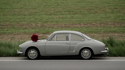 Vintage car with a red rose on the hood roadside