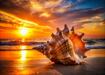Silhouette of Triton Shell Against Sunset Ocean
