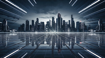 Futuristic cityscape platform reflecting grid