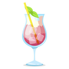 Glass of refreshing cocktail with ice cubes, straw, and mint leaves on a white background. Concept of summer drinks and beverages. Vector illustration