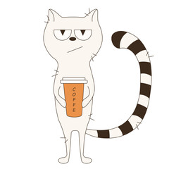 Whimsical Cat with takeaway coffee cup vector. Weird simple flat style Cat isolated transparent background. Perfect for t-shirt print coffee shop barista poster flyer cover template design. EPS 10