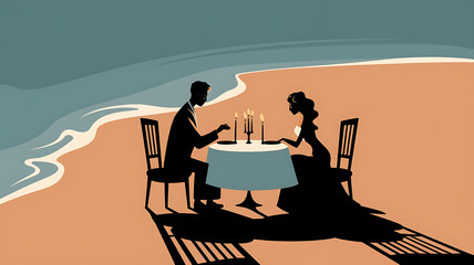 Romantic dinner for two on a beach.
