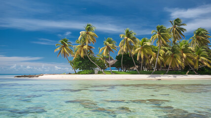 Tropical paradise beach crystal-clear water swaying palm trees